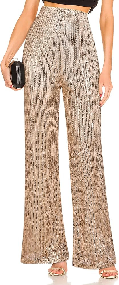 Fengbay Womens Sequin Pants High Waisted Sparkle Bell Bottoms Flare Pants Glitter Wide Leg Shiny ... | Amazon (US)