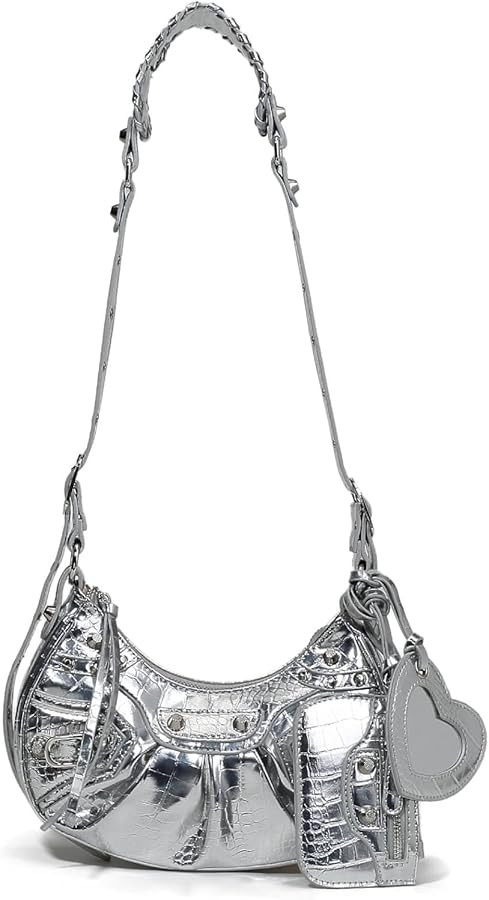 Shoulder Bag for Women Rivet Satchel Pleated Hobo Handbags Crocodile Effect Crescent Purse Crossb... | Amazon (US)