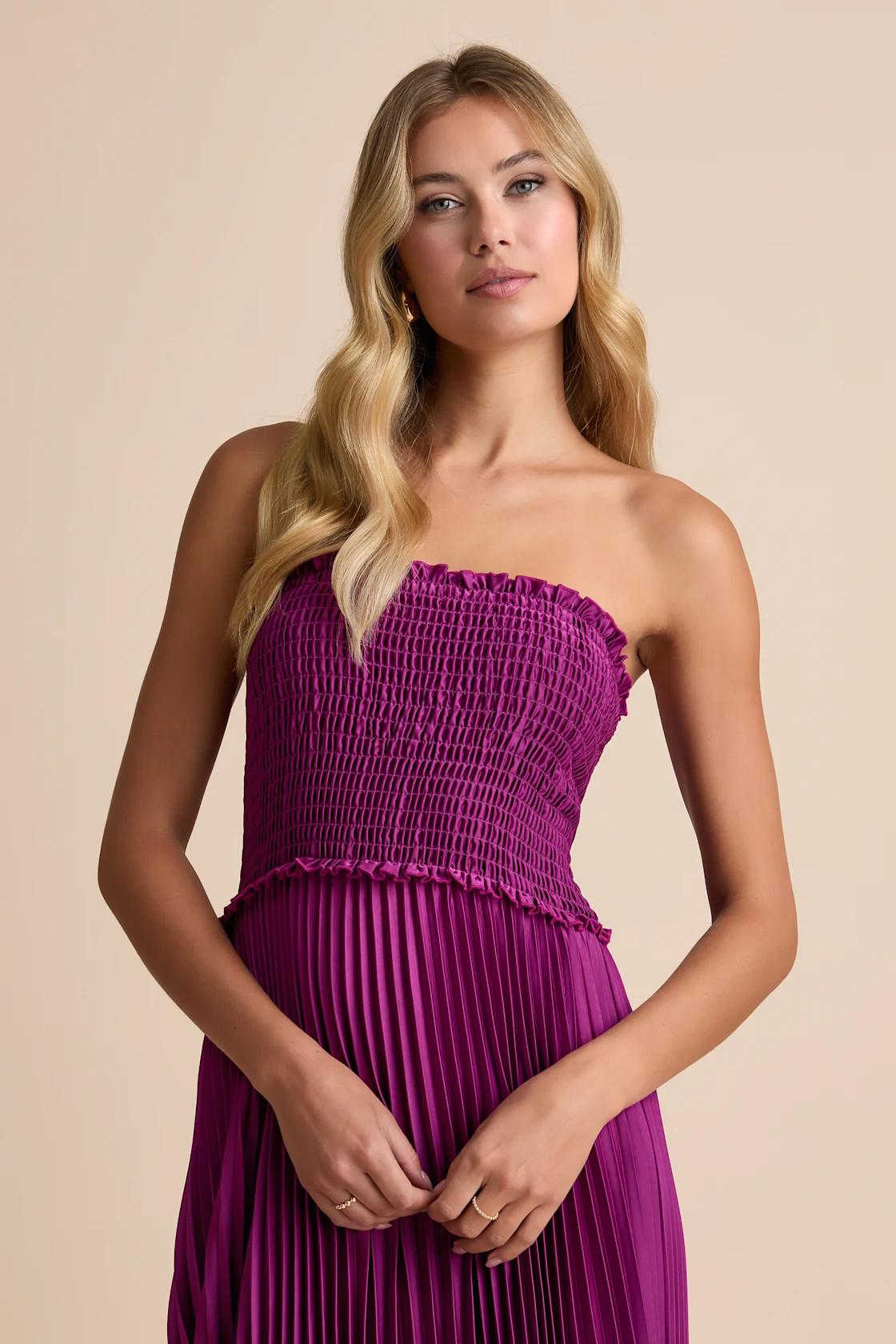 Damira Magenta Satin Pleated Strapless Maxi Dress | Lulus