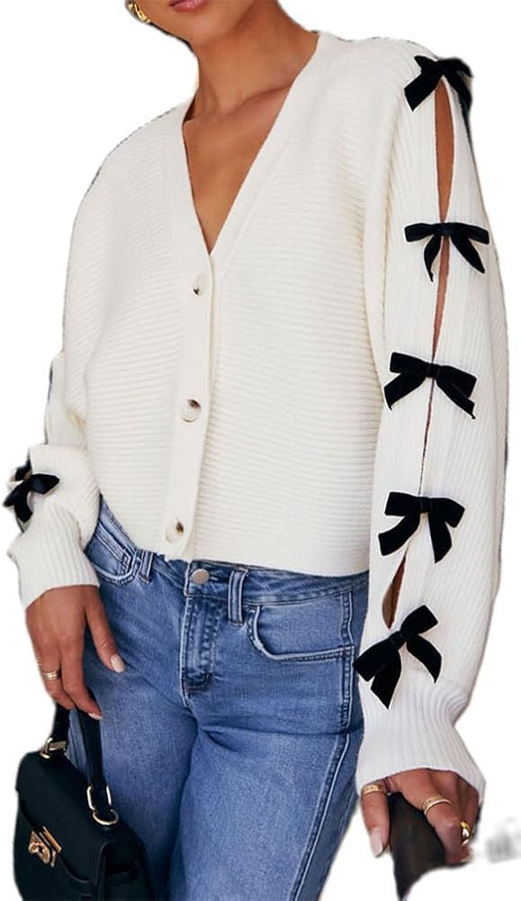 Women Bow Tie Front Leopard Knit Cardigan Sweater Y2k Long Sleeve Cheetah Crochet Knitted Crop Sh... | Amazon (US)