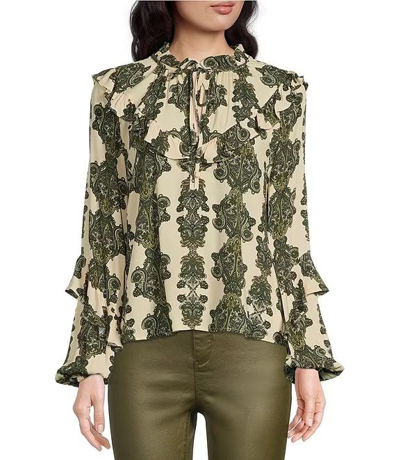 A Loves A Printed Split V-Neck Tie Front Long Blouson Sleeve Ruffle Top | Dillard's | Dillard's