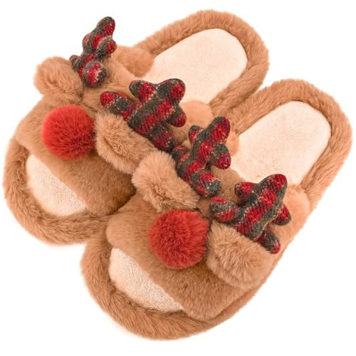 XIXITIAO Reindeer Slippers for Women and Men,Christmas Slippers,Cozy Memory Foam Shoes,Soft Warm Animals House Shoes, Fuzzy Bedroom Indoor Slides | Amazon (US)