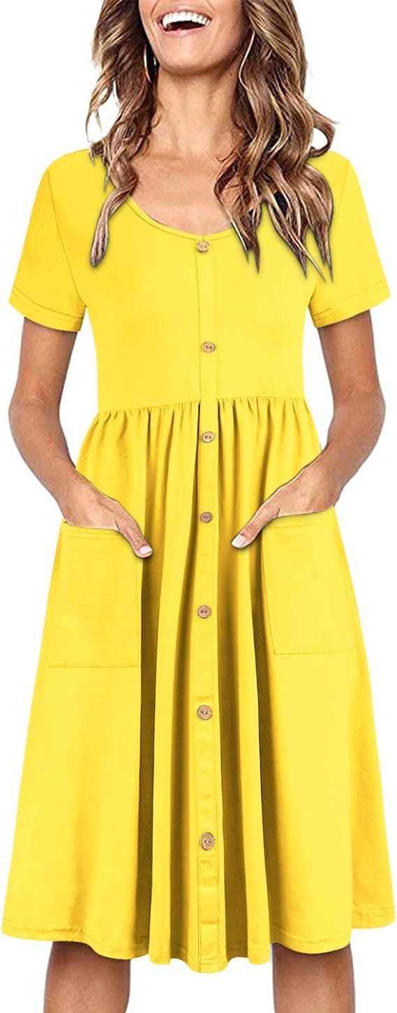 OUGES Women's V Neck Button Down Skater Dress with Pockets | Amazon (US)