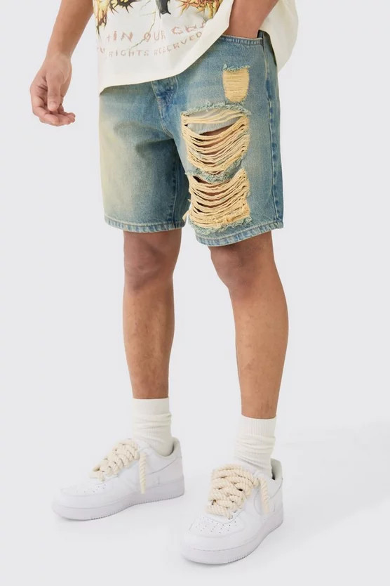 Relaxed Rigid Ripped Denim Short In Antique Wash | boohooMAN (US & Canada)