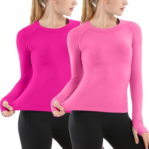 MathCat Seamless Workout Shirts for Women Long Sleeve Yoga Running Shirt Breathable Athletic Tops Slim Fit 2 Pack | Amazon (US)