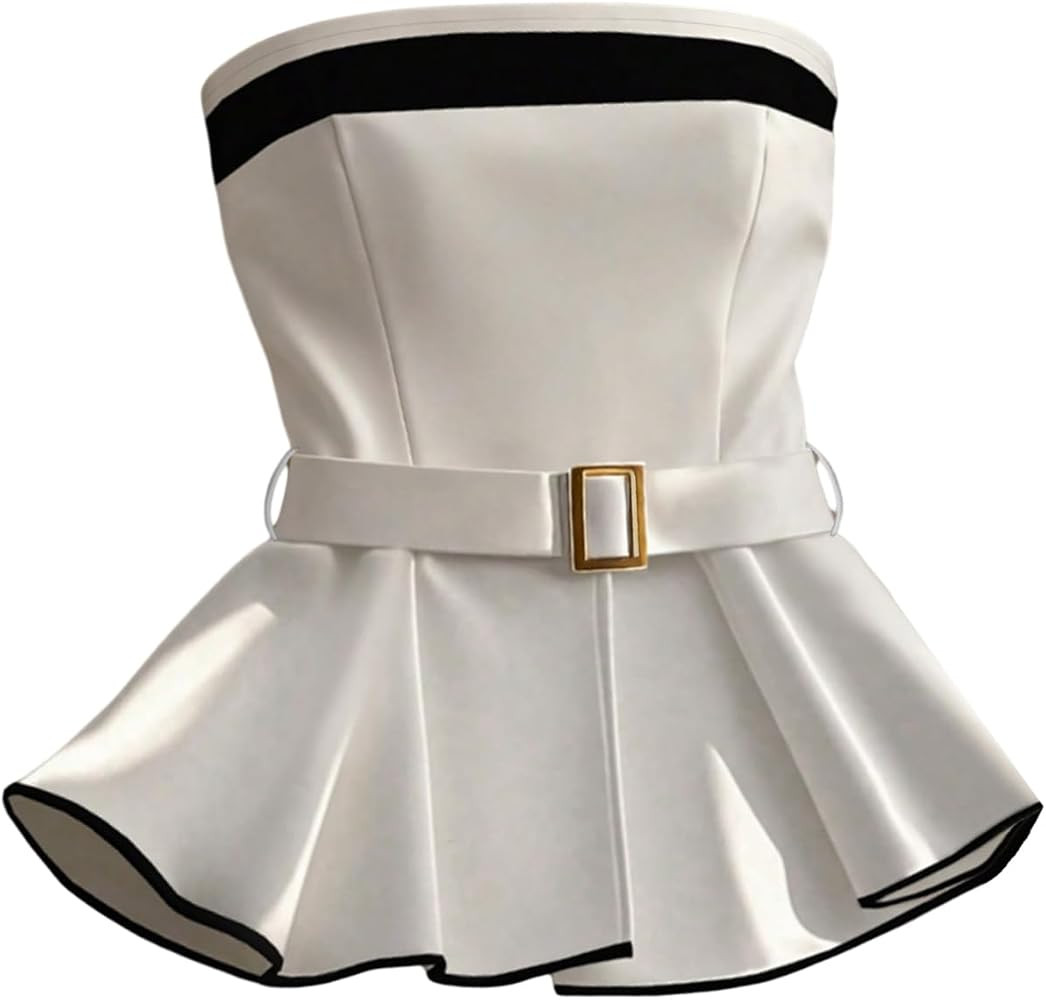 Verdusa Women's Ruffle Belted Strapless Tube Top Slit Backless Peplum Tops Elegant Luxury Outfits | Amazon (US)
