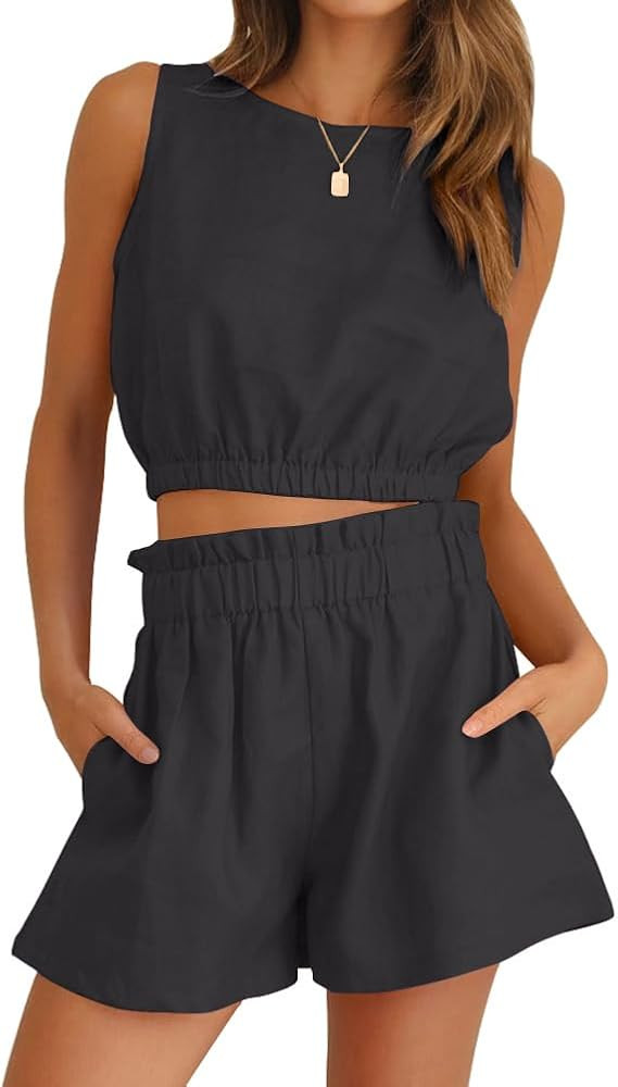 FANCYINN Women Summer 2 Piece Outfits Casual Crop Top Tank Sleeveless and Elastic Waist Pants Sho... | Amazon (US)