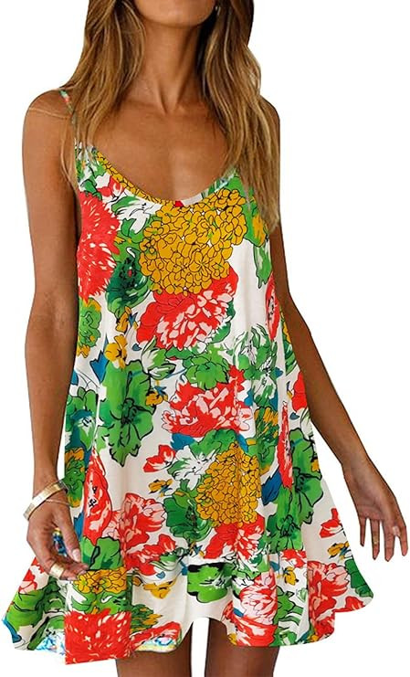 Womens Boho Floral Printed Dress Summer Sleeveless Adjustable Strap Beach Mini Dress with Pockets | Amazon (US)