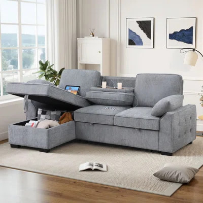 92" Convertible Sectional Sofa Bed Chenille Pull Out Sleeper Couch With Reversible Chaise & Flip Console Backrest & USB Charging & Cup Holders & Stora | Wayfair North America