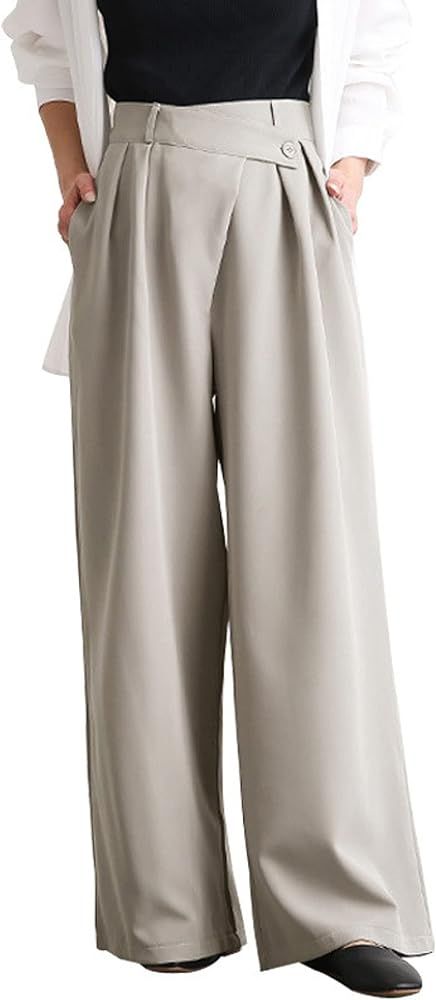 InterNos Women's Crossover High Waist Palazzo Pants Casual Long Wide Leg Buttoned Trousers with Pock | Amazon (US)