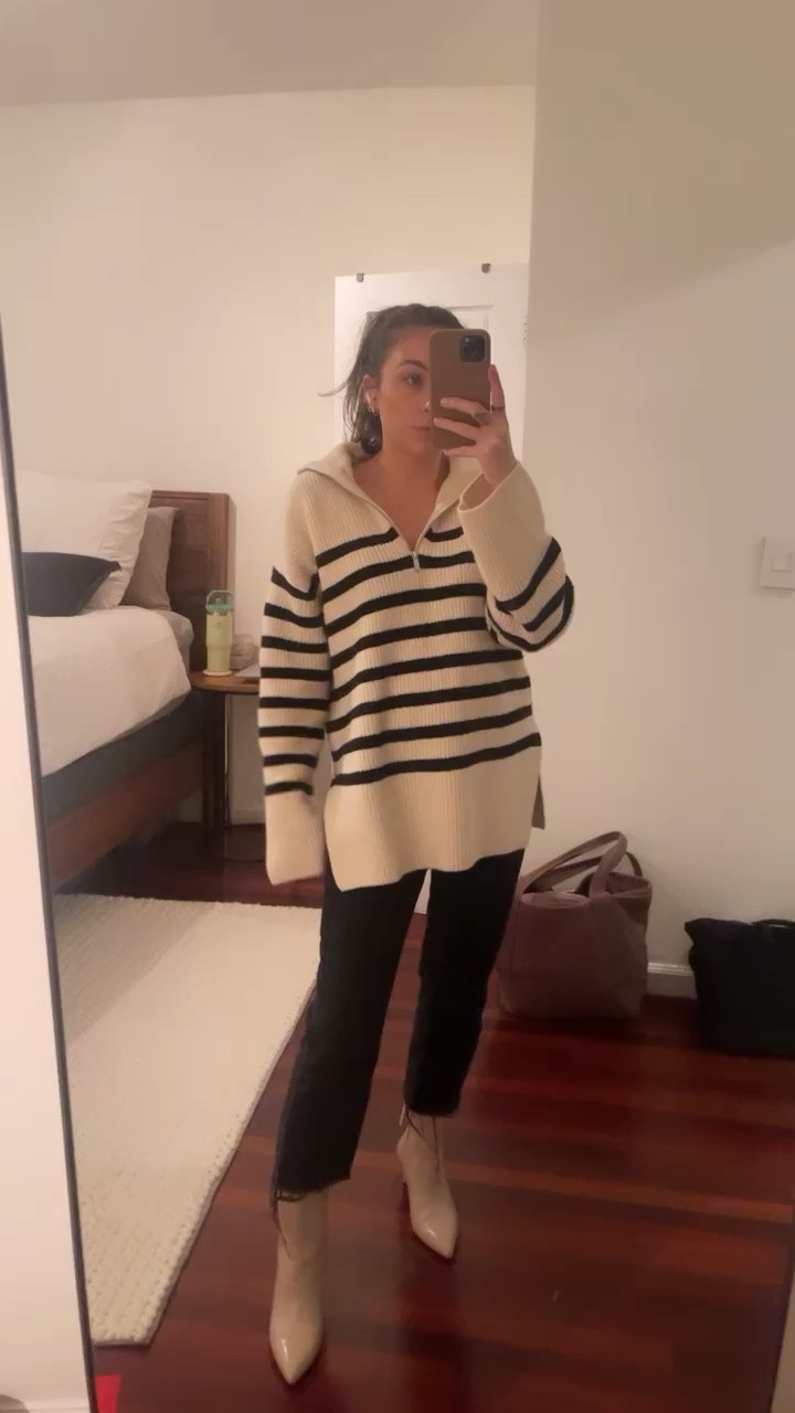 Stripe oversize sweater // tan bone pointed booties 

#LTKstyletip