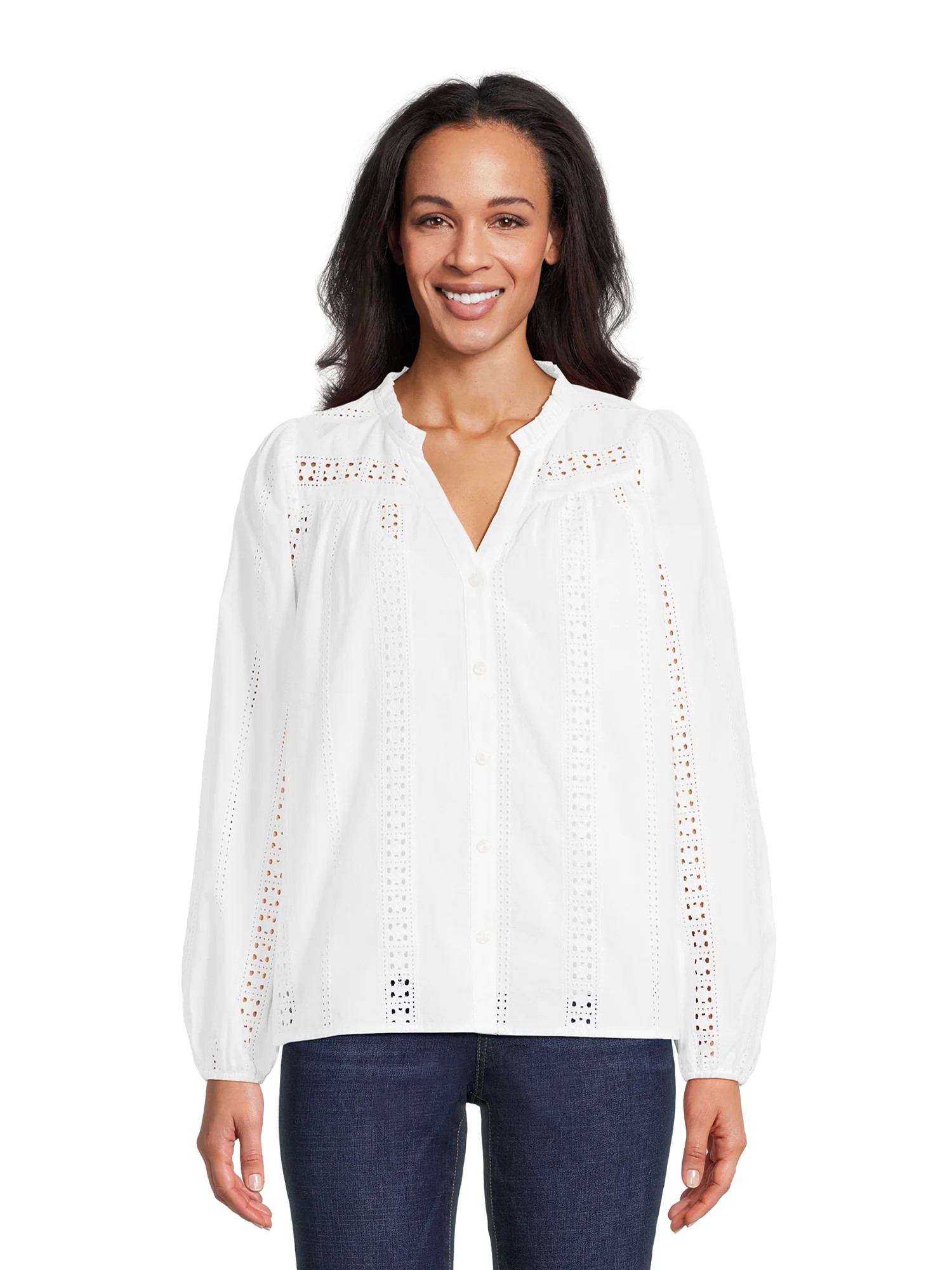 Time and Tru Women's Button Down Shirt with Crochet Trim, Sizes XS-XXXL | Walmart (US)