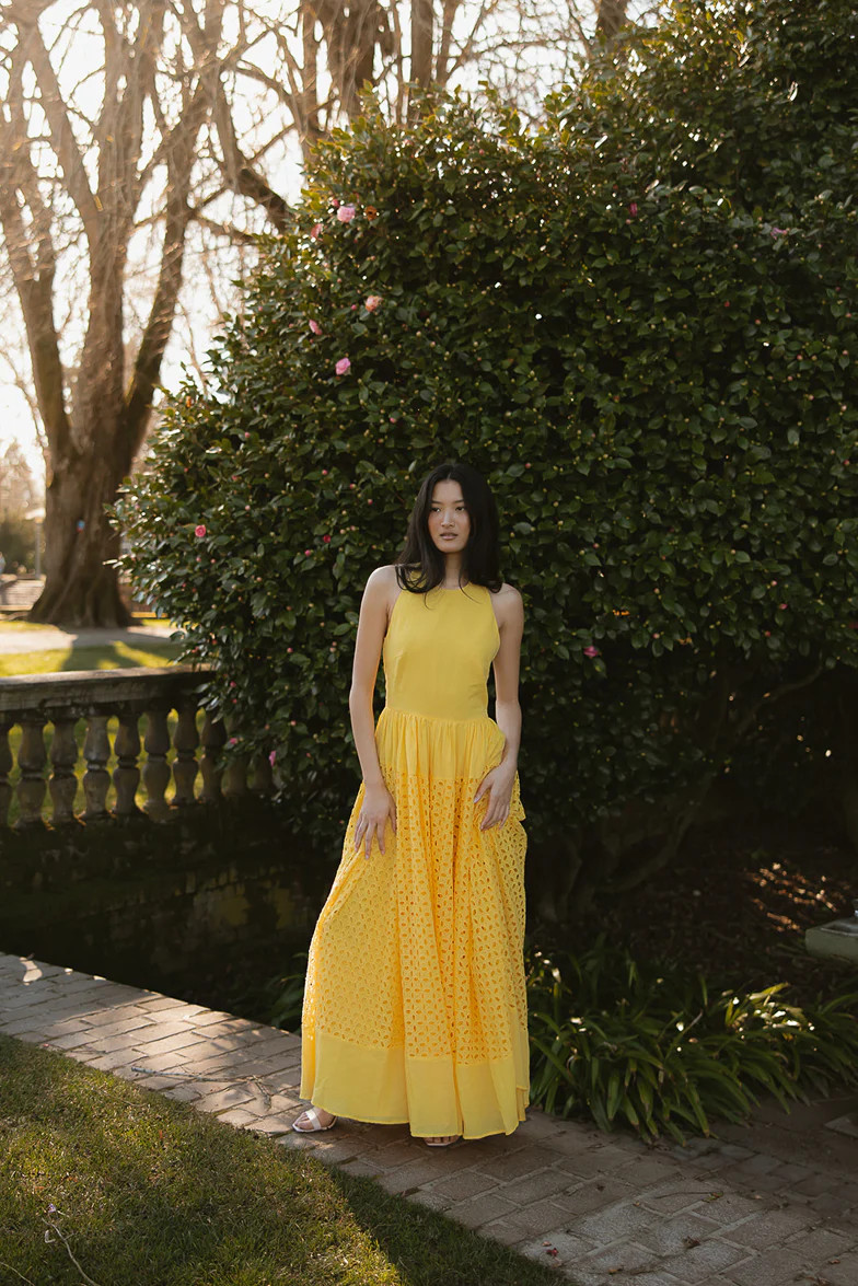 Serena Yellow Eyelet Maxi Dress | Confête