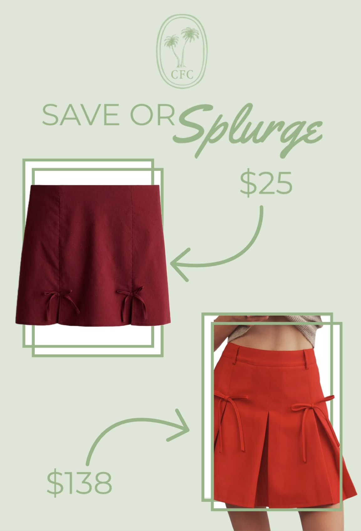 Red/Burgundy mini skirt with bow details. 