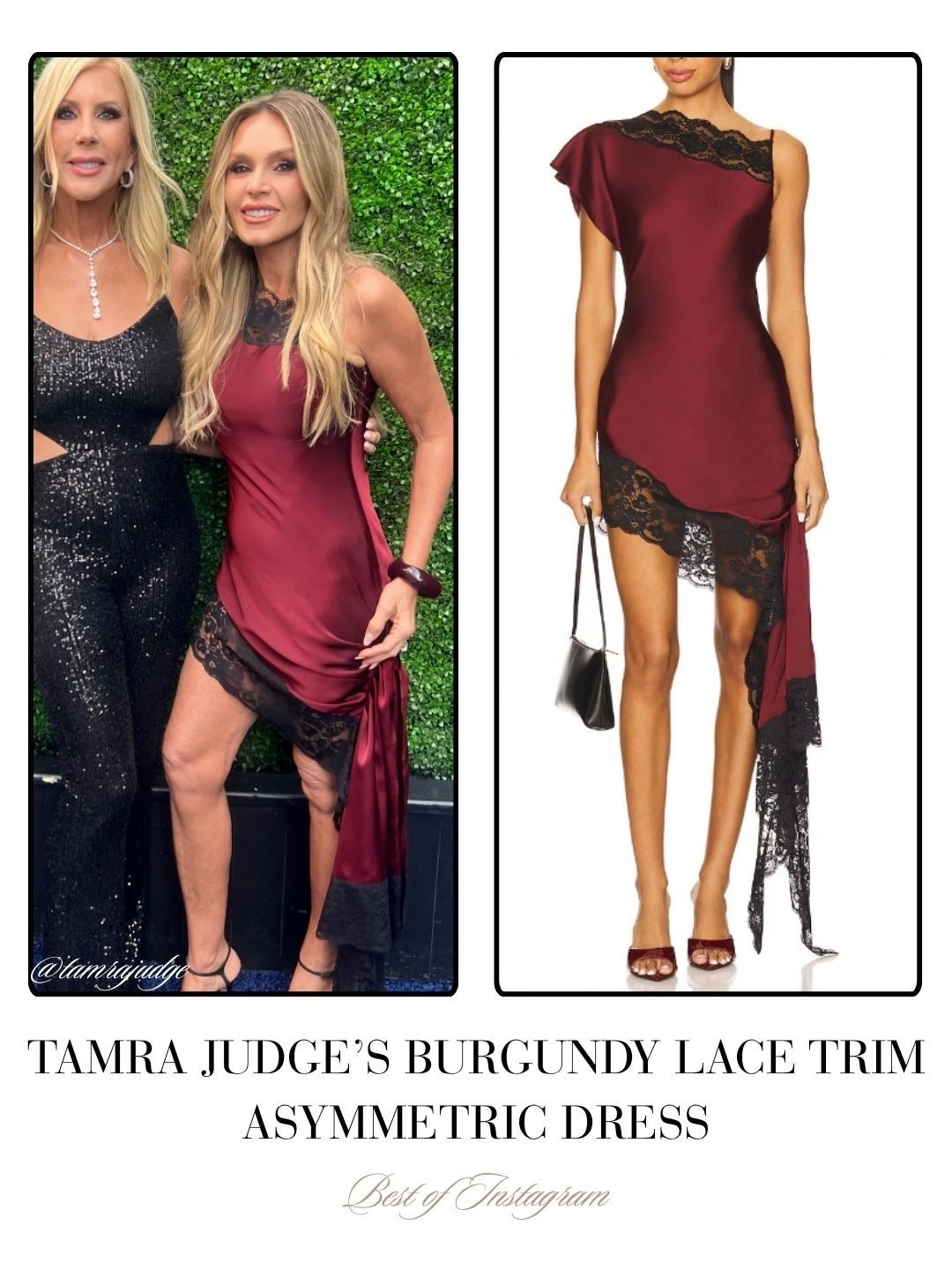 Tamra Judge’s Burgundy Lace Trim Asymmetric Dress 📸 = @tamrajudge
