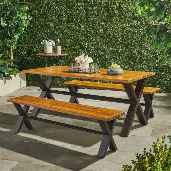 Sanibel Outdoor 3-piece Acacia Wood Dining Set by Christopher Knight Home | Bed Bath & Beyond