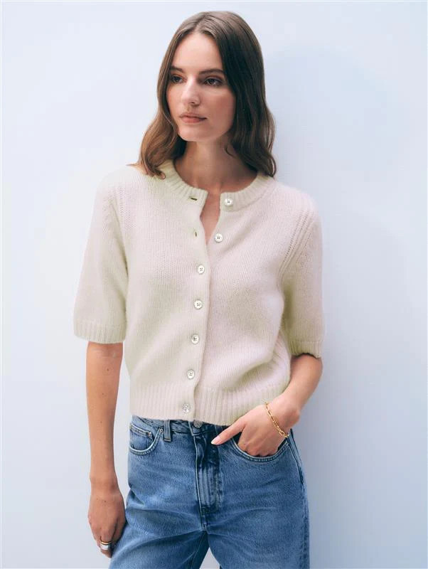 White & Warren Cashmere Short Sleeve Cardigan Sweater in Feather size Small | White and Warren