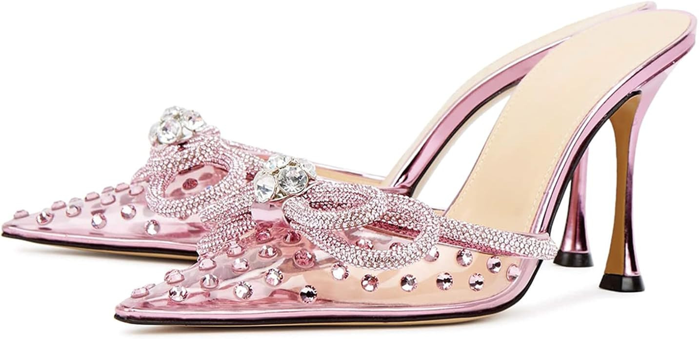 MIRAAZZURRA Women High Heeled Mules Clear PVC Pointed Toe Double Bow Rhinestones Embellished Wedd... | Amazon (US)
