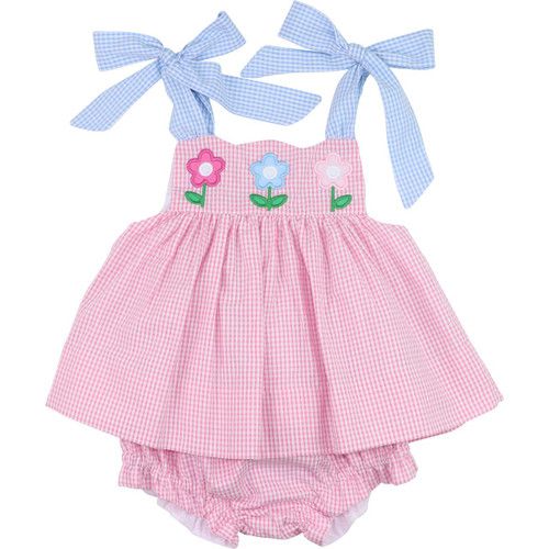 Pink And Blue Gingham Applique Flower Diaper Set | Cecil and Lou