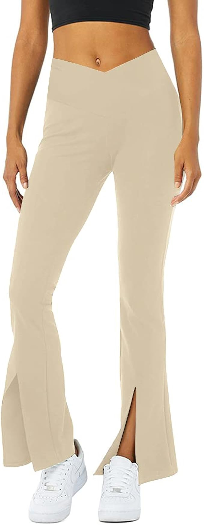 Women's Crossover High Waisted Bootcut Yoga Pants Flutter Leggings Front Split Flare Leg Workout ... | Amazon (US)