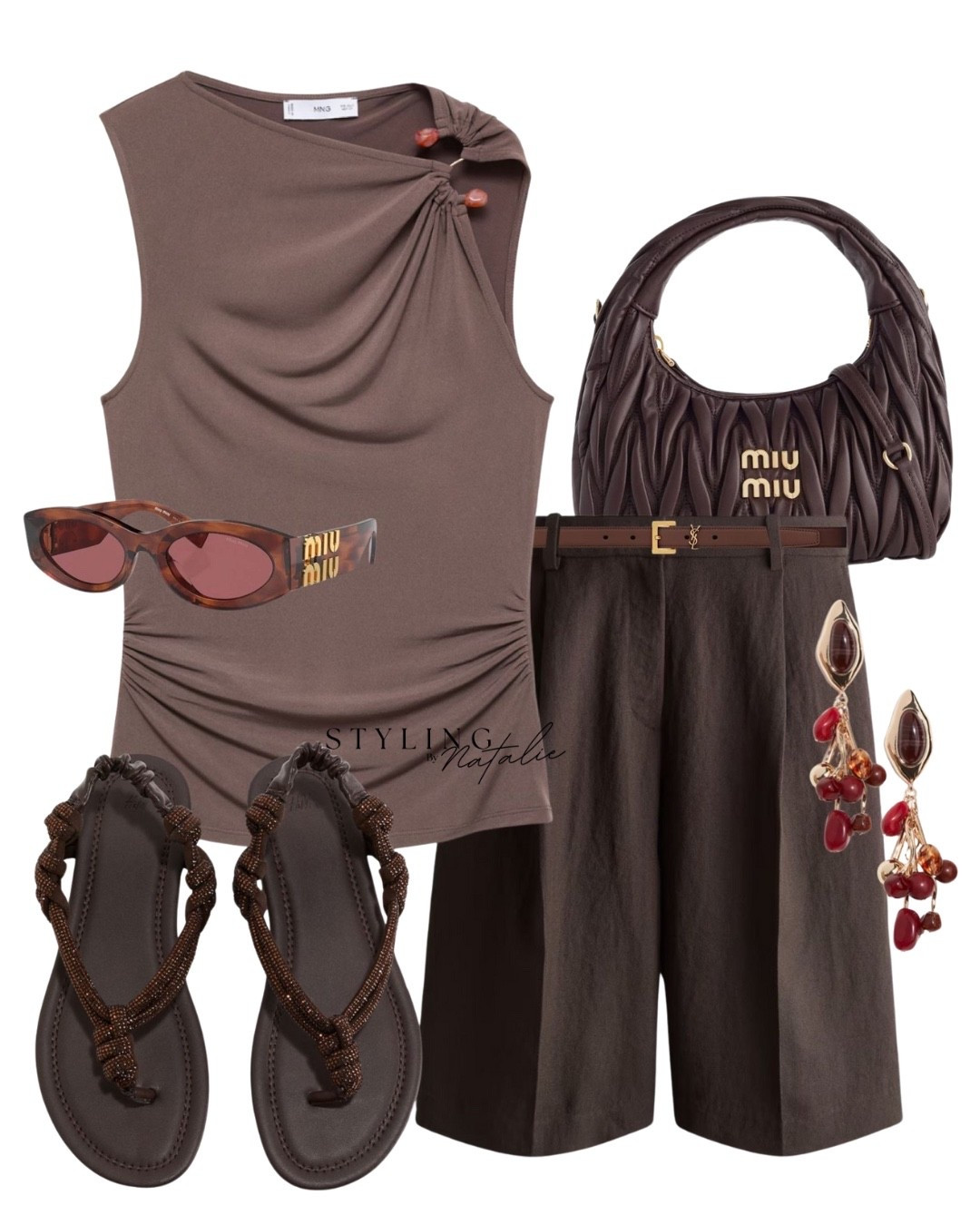 Brown summer outfit with Bermuda shorts, bead detail top,  Miu Miu bag, rhinestone sandals, Miu Miu sunglasses, and beaded earrings. Casual chic, heatwave style, high street outfit. 

#LTKstyletip #LTKeurope #LTKuk