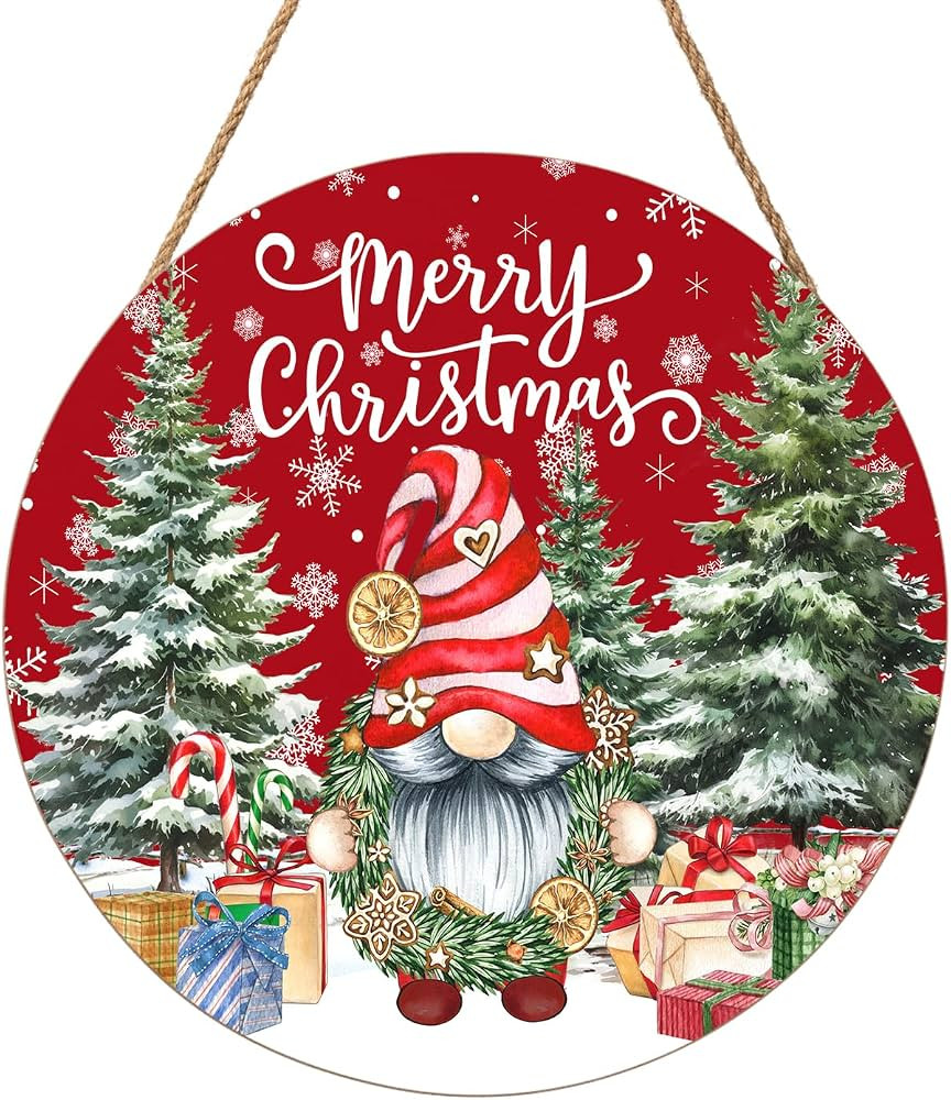 Christmas Gnome Welcome Sign - Merry Christmas Door Hanger, 12'x12' Wooden Hanging Sign for Front... | Amazon (US)