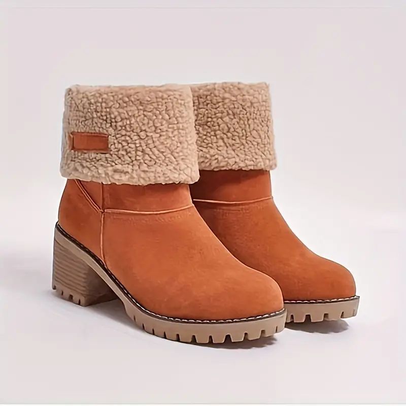 Women's Solid Color Fuzzy Boots, Slip On Thermal Lined Casual Chunky Heel Boots, Winter Plush Sno... | Temu Affiliate Program
