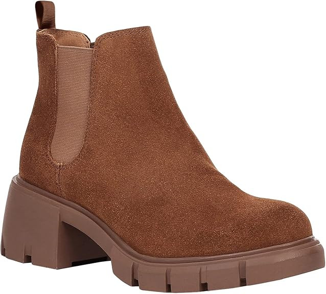 Womens Lug Sole Platform Ankle Booties Chelsea Slip on Chunky Block Heel Leather Combat Boots | Amazon (US)