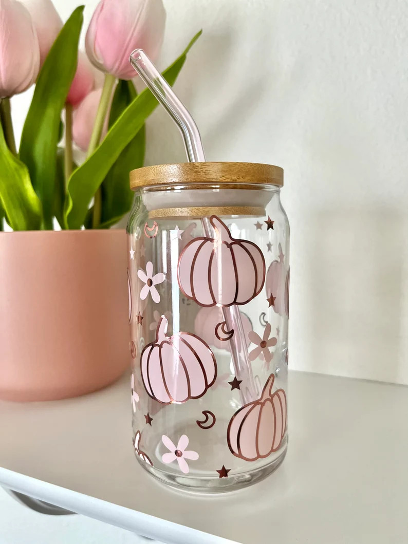 Pumpkin Glass Cup / Pink Pumpkins Cup / Halloween Glass Cup / Iced Coffee Glass / Fall Cup / Spoo... | Etsy (US)