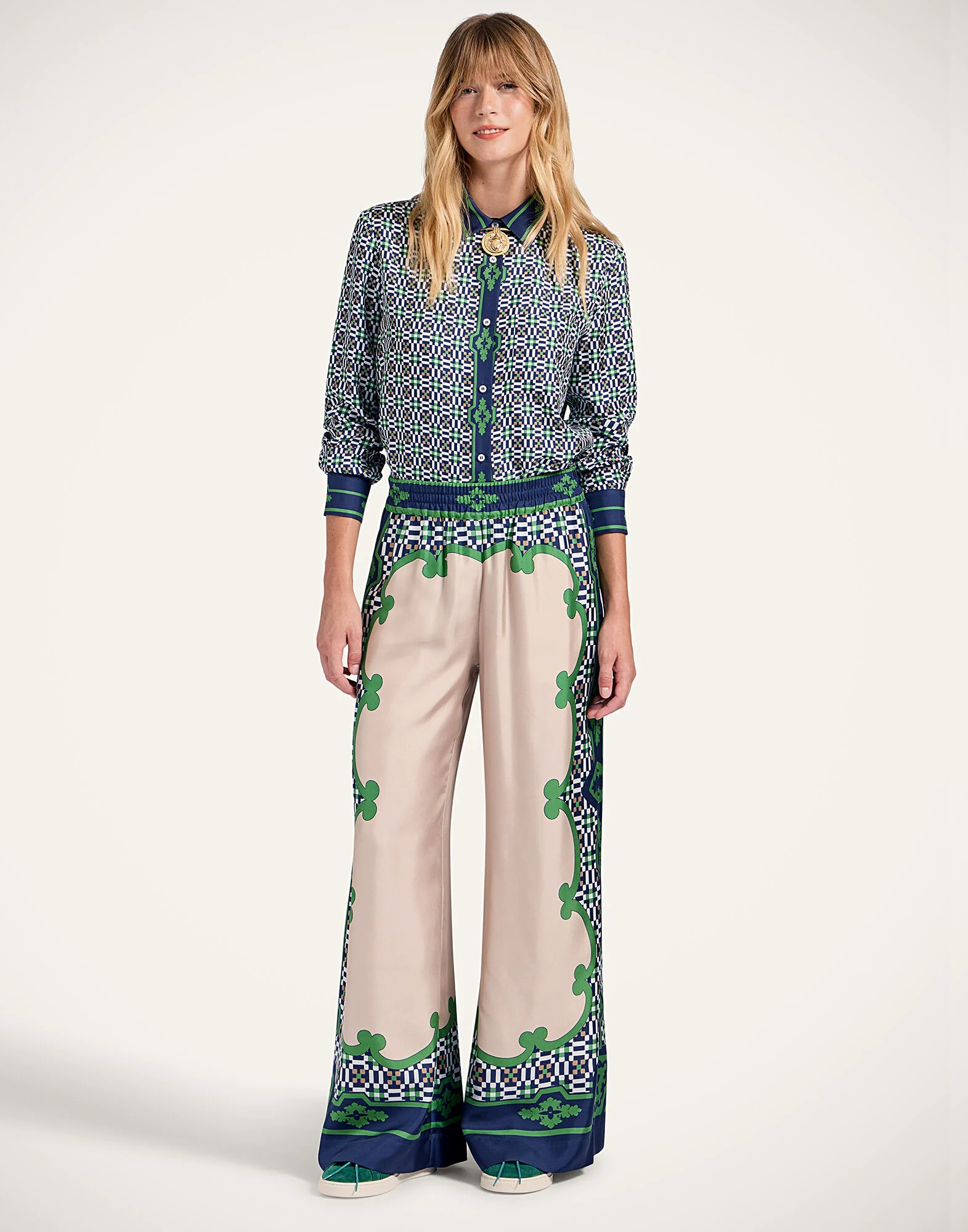 Palazzo Pants in Mariposa Plac\u00e9e Green for Women | La DoubleJ | La DoubleJ