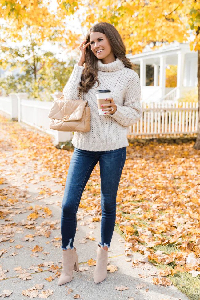 CAITLIN COVINGTON X PINK LILY The Olivia Chunky Knit Beige Turtleneck Sweater | The Pink Lily Boutique
