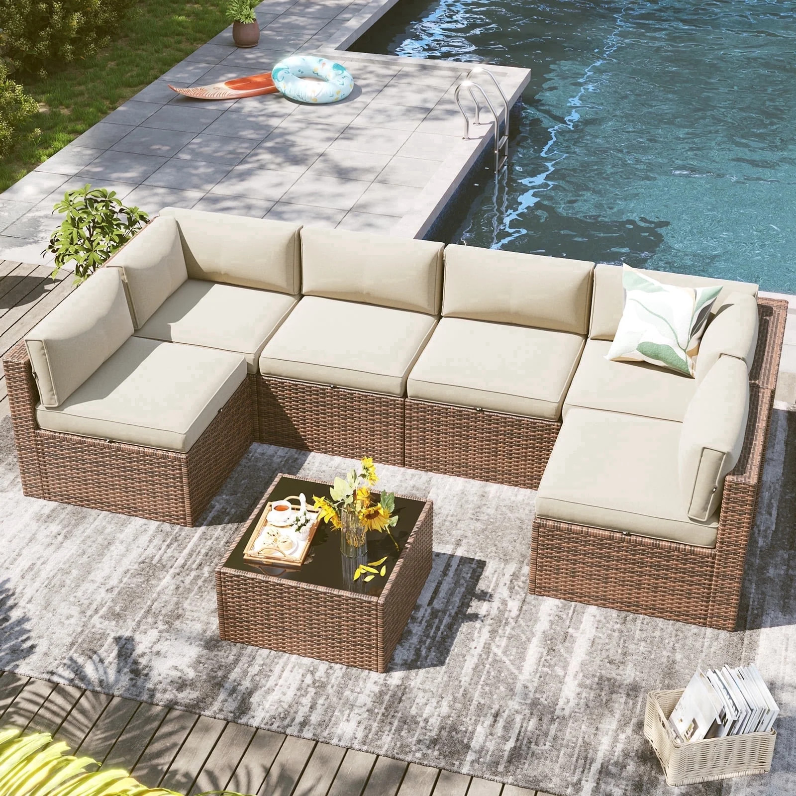 Clouddwell 7 Piece Outdoor Patio Furniture Set, Wicker Rattan Patio Sectional Sofa Sets, Beige | Walmart (US)