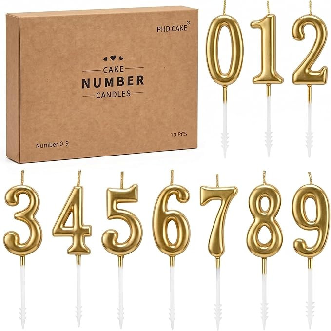 PHD CAKE 10-Pieces Champagne Gold Number Birthday Candles, Cake Numeral Candles Number 0-9 Glitte... | Amazon (US)