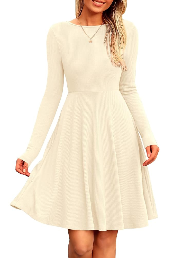 PRETTYGARDEN Women's Spring Fall Short Dress Ribbed Knit Crewneck Long Sleeve A Line Flowy Casual... | Amazon (US)