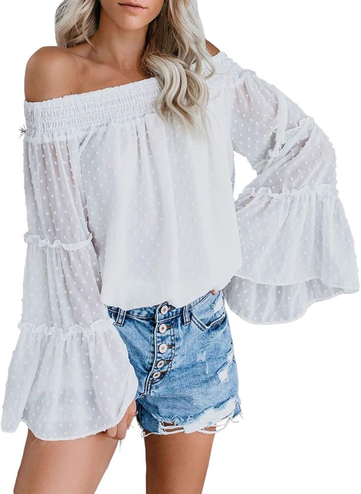 Asvivid Womens Swiss Polka Printed Smocked Off The Shoulder Tops Summer Flared Bell Sleeve Chiffon B | Amazon (US)