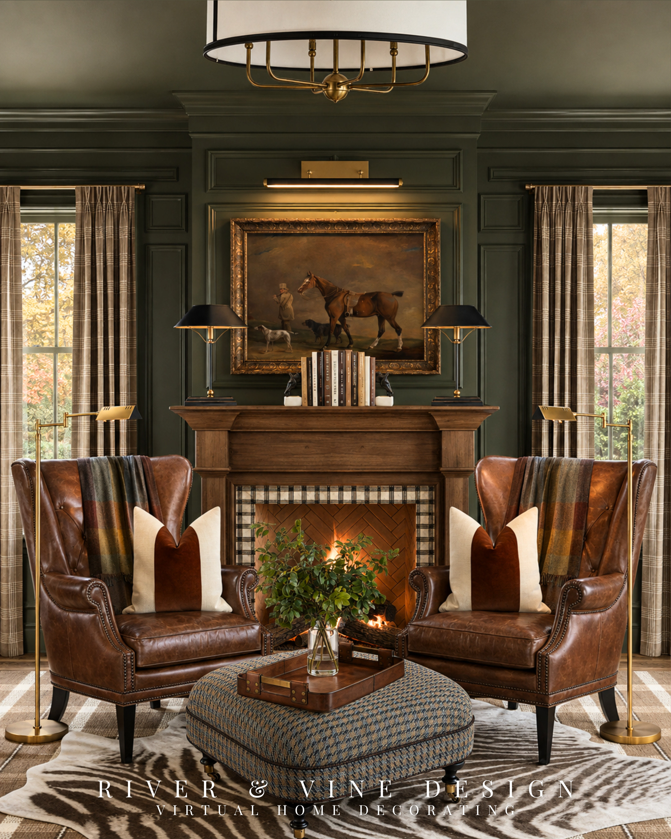 A dark room doesn’t have to feel heavy—it needs enough warmth and contrast to bring the color to life.

In this modern traditional living room, deep olive green wraps the walls, molding and ceiling while leather wingback chairs, plaid curtains, warm wood and aged brass keep the palette inviting. The key is repetition: brown appears in the leather, artwork, textiles and fireplace, creating layers without making the room feel overly coordinated.

The zebra hide adds the unexpected pattern that keeps the more traditional pieces from feeling too formal. Which detail makes this room for you—the green walls, leather chairs or layered rugs?

dark green living room, modern traditional living room, leather wingback chairs, equestrian home decor, plaid curtain ideas, layered area rugs, classic fireplace decor, collected traditional interior

I may receive a commission from purchases made through my links.

#LTKHome