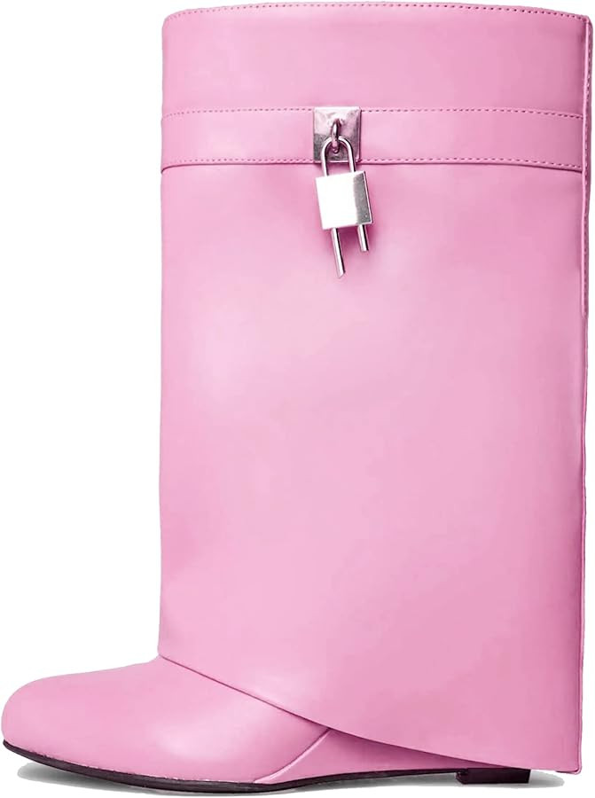 keleimusi Fold Over Wedge Boots Heeled PadLock Pant Knee High Shoes Tall/Short Booties | Amazon (US)