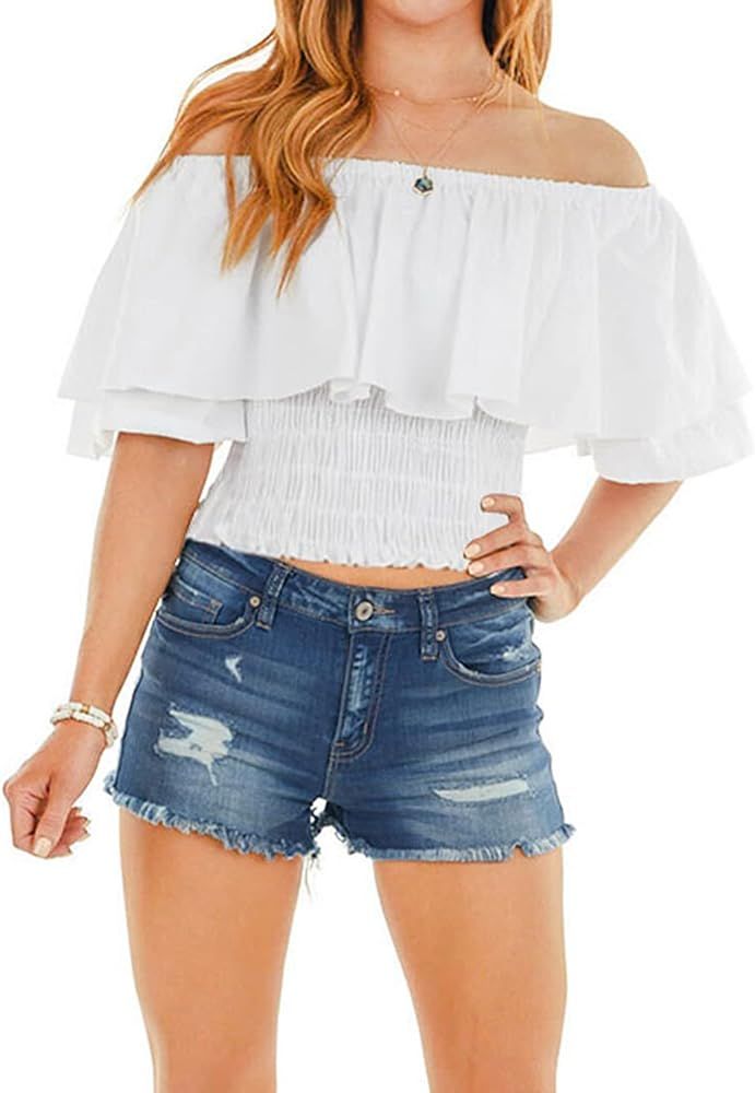 Hibluco Womens Off Shoulder Tops Ruffled Smocked Crop Tops Summer Blouse Shirts White at Amazon W... | Amazon (US)