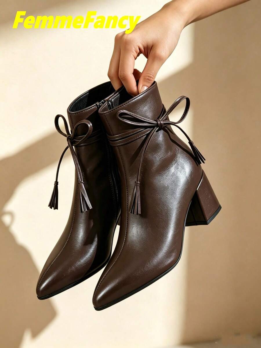 Women's Autumn/Winter Basic Solid Color Fashion Elegant Side Zipper Pointed Toe Chunky Heel High Heel Ankle Boots Single Lining Fabric Brown Boots Thin Strap Bow Decor | SHEIN