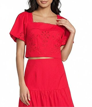 Sugarlips Embroidered Eyelet Square Neck Short Sleeve Coordinating Poplin Top - S | Dillard's