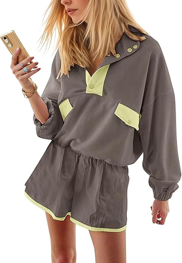 Womens 2 Piece Short Sets Loose Color Block Sweatshirts Short Set and Summer Long Sleeve Pullover... | Amazon (US)