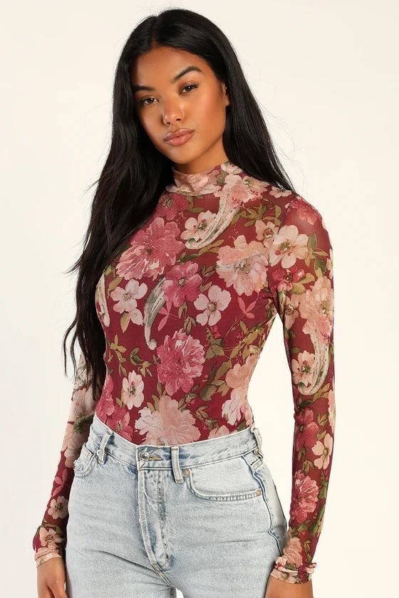 Totally a Vibe Burgundy Floral Print Mesh Long Sleeve Bodysuit | Lulus (US)