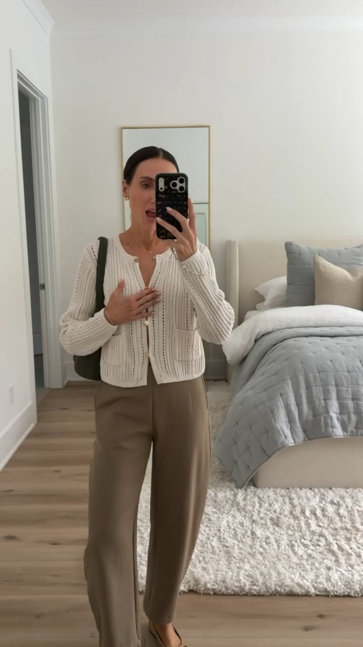 A cream cardigan and taupe trousers might be my favorite combination for fall. I love the open knit texture, button front, and little pockets on this sweater. Paired with relaxed pants and ballet flats, it's such a pretty look for the office, lunch, or everyday wear.
cream cardigan, open knit cardigan, button front sweater, taupe trousers, neutral fall outfit, fall cardigan, wide leg pants, casual workwear, office outfit, ballet flats, fall fashion, women over 40 style, annabrstyle