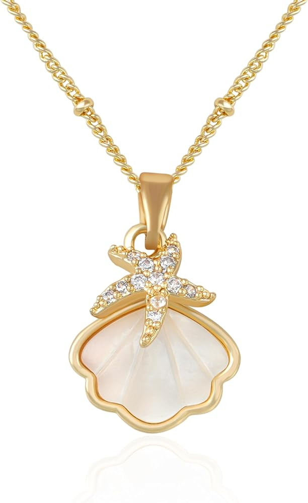 Chic 14K Gold Starfish Shell Pendant Necklace,Marine style Necklace Hypoallergenic Lightweight,Ch... | Amazon (US)