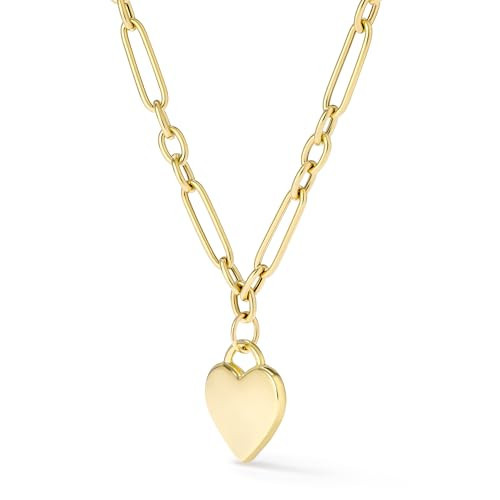 10K Yellow Gold Heart Charm Oval Paperclip Link Necklace, 16" | Amazon (US)