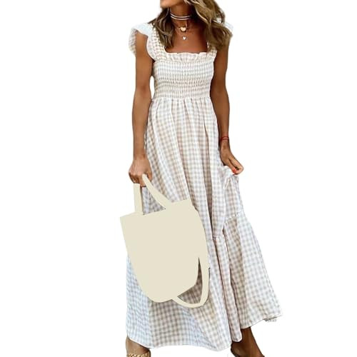 Women's Sleeveless Dress Retro Plaid A-Line Smocked Maxi Long Dress Square Neck Ruffle Flowy A-Line Beach Sundress Beige | Amazon (US)