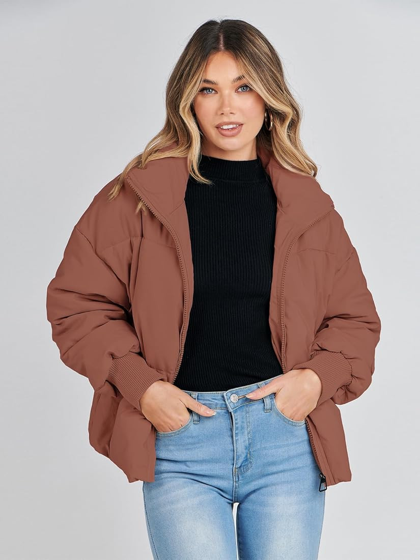 MEROKEETY Women's Winter Long Sleeve Zip Puffer Jacket Pockets Baggy Short Down Coats | Amazon (US)
