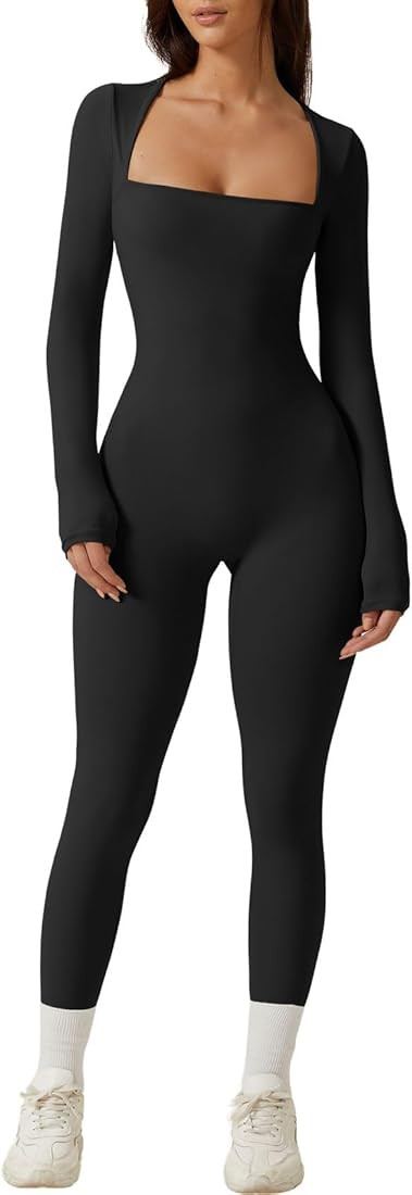 QINSEN Womens Sexy Square Neck Long Sleeve Full Length Leggings Bodycon Stretch Jumpsuit | Amazon (US)