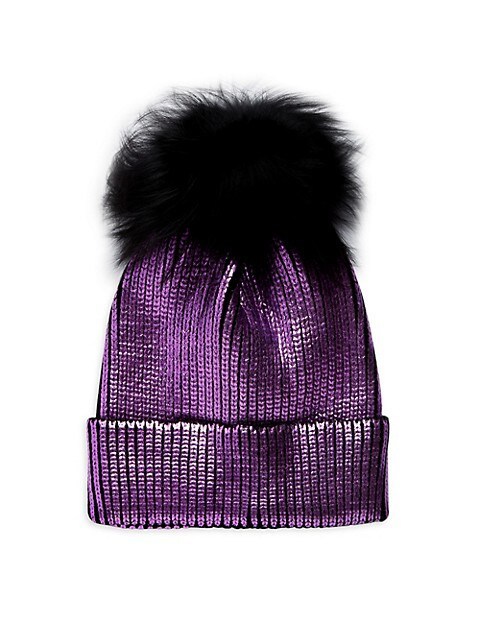 Adrienne Landau Fox Fur Pom-Pom Metallic Beanie on SALE | Saks OFF 5TH | Saks Fifth Avenue OFF 5TH