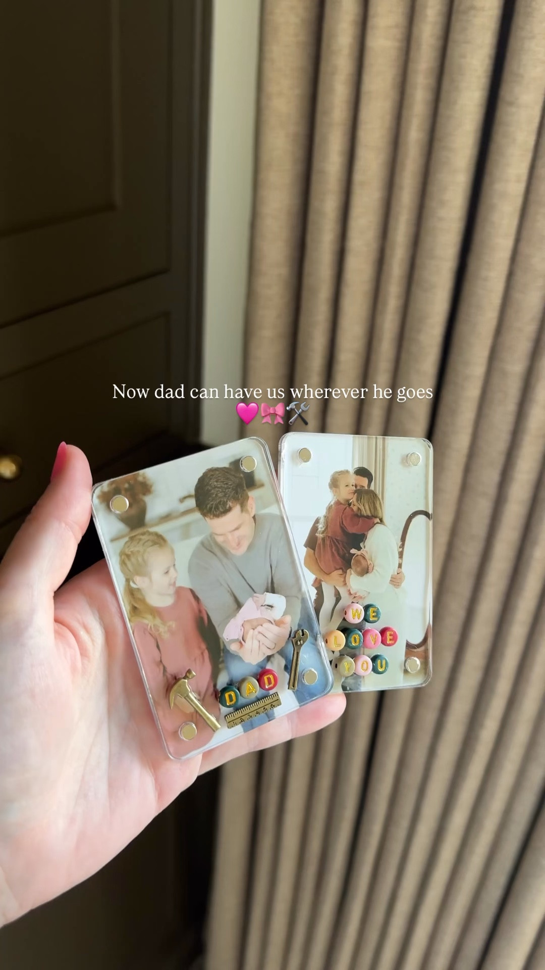 Simple, easy & meaningful gift for anyone!

We made these for father’s Day but they can be made for anyone! The frames can be used as a magnet or a visor clip!

Use any charms & scrapbook paper to create your own! You could also make the photo smaller and have the background show through 